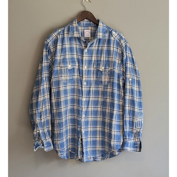Brooks Brothers Size Large Blue Plaid Linen Shirt Mens Roll Tab Epaulets LS - Picture 1 of 7